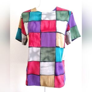 Pretty Petite Sophisticate Blouse Multicolor Check Short Sleeve PM Chest 34"